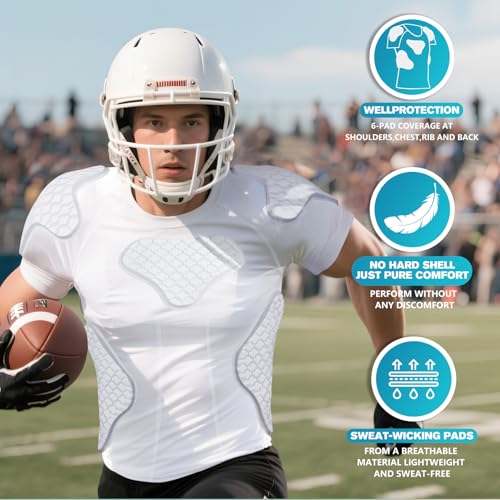 TUOY Men\'s Padded Compression Shirt Protective Shirt Rib Chest Protector for Football Paintball Baseball White