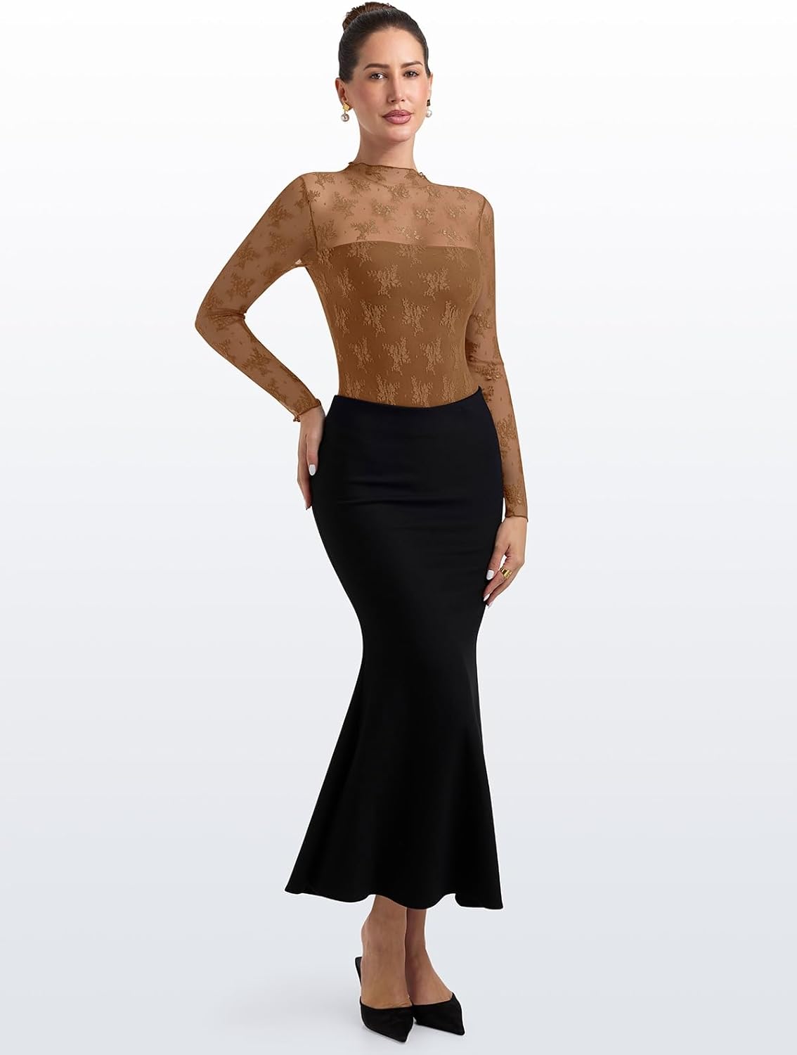 PINKMSTYLE Women's Long Sleeve Lace Bodysuit High Neck Sexy Tops for Going Out, Concert, Date Night Outfits - Image 6