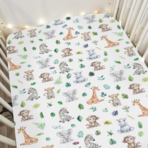 Tropical Safari Jungle Animals Green Leaves Baby Crib Sheets for Boy Girl 52"x28" Elephant Leopard Giraffe Hippo Soft Snug Fitted Crib Mattress Cover Baby Sheet for Standard Crib & Toddler Mattress