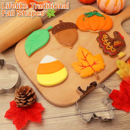 6PCS Thanksgiving Cookie Cutters Set, Fall Themed Holiday Cookie Cutter Shapes of Turkey, Pumpkin, Maple Leaf, Acorn, Leaves, Candy Corn, Metal Cookies Cutters Molds Party Decorations Baking Supplies