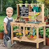 [DREAM BUILDING] Mud Kitchen for Kids Outdoor, Toddler Wooden Pretend Play Kitchen Playset with Sink, Cookware, Stove, Chalkboard, Faucet & Storage Shelves for Backyard Garden Toy Gift for Ages 3+