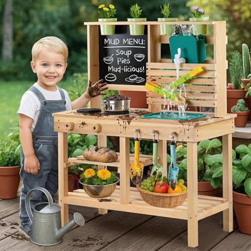 [DREAM BUILDING] Mud Kitchen for Kids Outdoor, Toddler Wooden Pretend Play Kitchen Playset with Sink, Cookware, Stove, Chalkboard, Faucet & Storage Shelves for Backyard Garden Toy Gift for Ages 3+