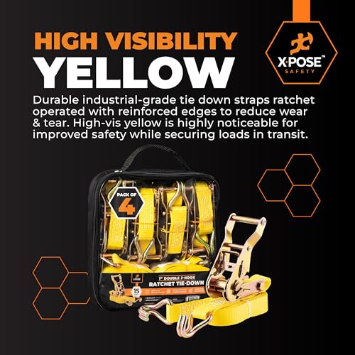 Image of Xpose Safety 4-Pack Retractable Ratchet Straps with Double J Hooks, Heavy Duty 1 inch x 15', 3,000 lbs Break Strength Tie-Downs for Truck, Trailer, Kayak & Motorcycle