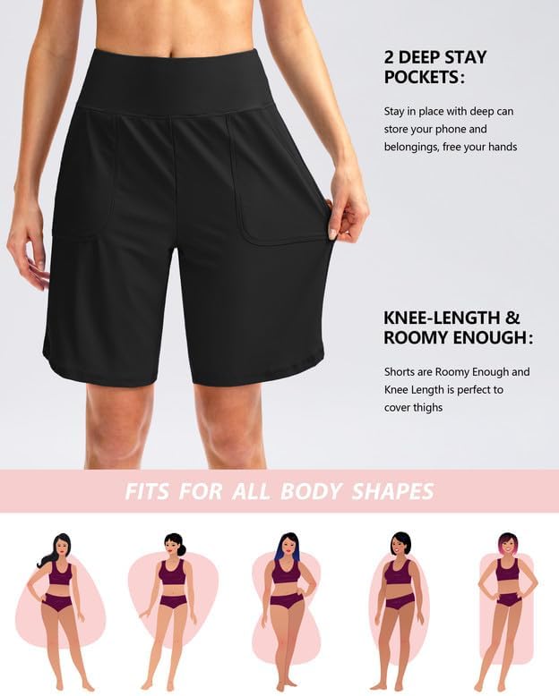 Viodia Women's 9" Long Swim Board Shorts with Pockets High Waisted Beach Swimsuits Knee Length Short for Women with Liner - Image 3