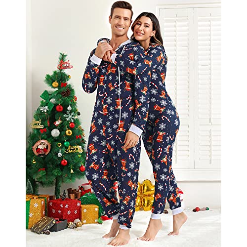 frawirshau Christmas Onesie Pajamas For Family Matching Onesies For Couples Christmas Pajamas Adult Men Reindeer Onesie Blue 3XL3
