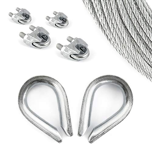 COJUNTO 10m cuerda de alambre galvanizado 8mm hebra: 6x19 + 4 abrazaderas + 2 dedales