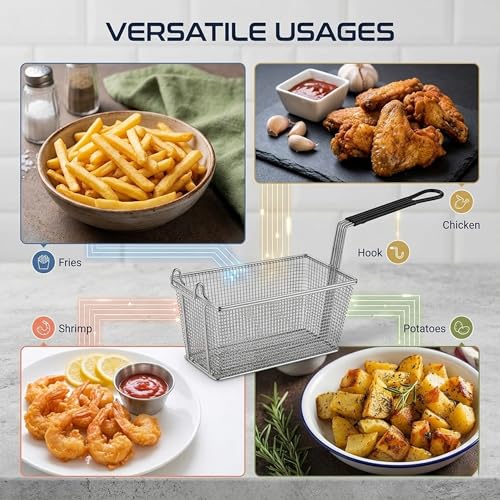 Juego de 4 Cestas para Freidora con Gancho Frontal, 13 1/4" x 6 1/2" x 5 7/8", Cesta Comercial Resistente, Mango de PVC Térmicamente Aislado, Malla de Acero Niquelado para Papas Fritas, Chips y Alimentos Fritos miniatura 4