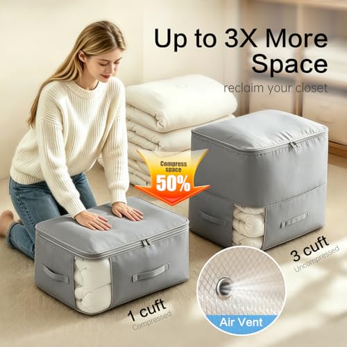 Image of Comforter Storage Bag, Large Capacity Blanket Storage Bags 3-Layer Ultra Space Saving Self Compression Organizer, Heavy Duty Space Saver Organizer for Bedding, Clothes, Blanket, 2-Pack, Gray