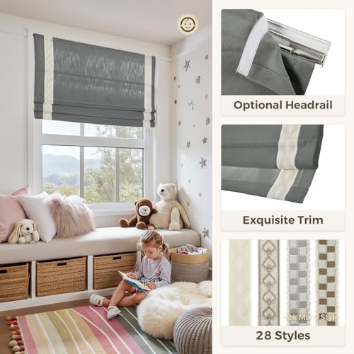 Image of TWOPAGES Isabella No Drill Cordless Roman Shade Linen Textured Cotton Roman Blind for Windows, Custom Made Room Darkening Blackout Roman Window Shade, Hardware Included, Dark Gray, 1 Piece