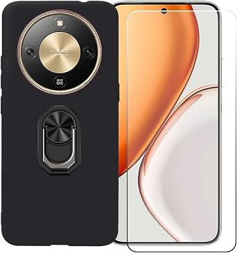 Case for Honor X9d 6.79" with Ring Support + Tempered Glass Screen Protector, Flexible Silicone Shell Bumper TPU Protective Cover, Black