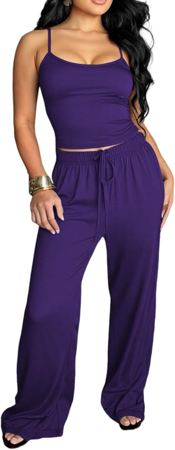 Mrskoala Womens Summer Casual Sets Loose Two Piece Outfits Spaghetti Strap Top and Wide Leg Pants Set