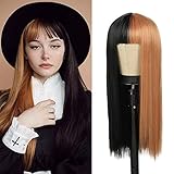 Kaneles Long Half Blonde Half Black Women Wigs With Bangs Straight Cosplay Natural Wig for Women Cosplay Party Costume