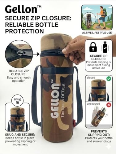 Image of Gellon Zip Bottle Cover In Teflon Coating Polyester Cloth For 750 ML, 1 L to 1.5 Litre Water Proof Drawstring Closer For Travel, Hiking, Office & School Kids In Military 1 Pattern