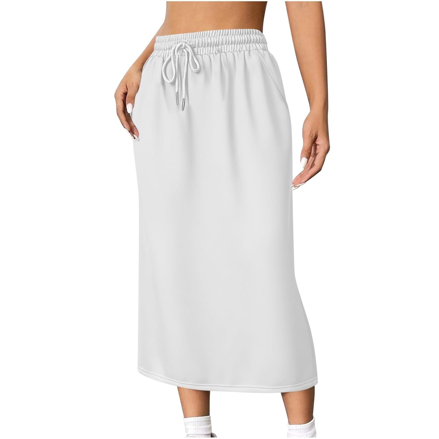 Womens Midi Skirt High Waist Elastic A Line Back Slit Long Sweat Skirts with Pockets Fall Winter Fashion