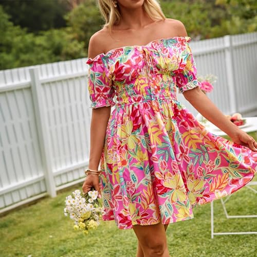 Image of Womens Summer Boho Dress Off-Shoulder Floral Mini Pleated Skirt Beach Vacation