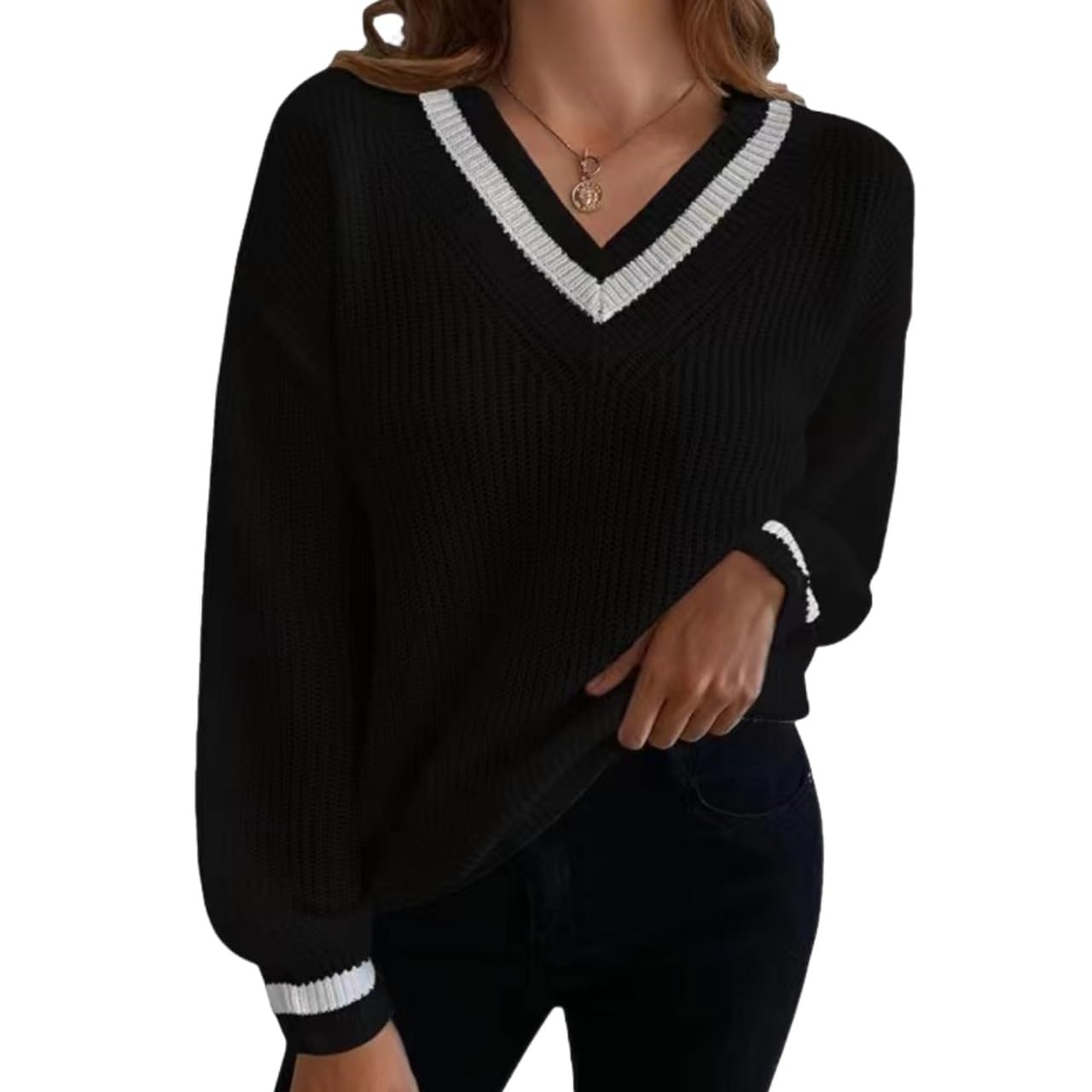 Womens Tennis Style V-Neck Knit Sweater Long Sleeve Trendy Striped Pullover Ribbed Knit Preppy Style Sweaters