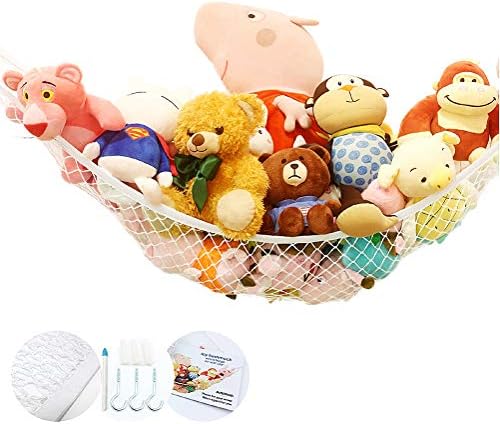 Stuffed Animal Toy Hammock, Premium Plush Toy Hanging Organizer, Jumbo Extra Large Storage Mesh Pet Net, Organize Clutter in Kids Room, Provide Installation Tools, Expands to 6.5 Feet, White