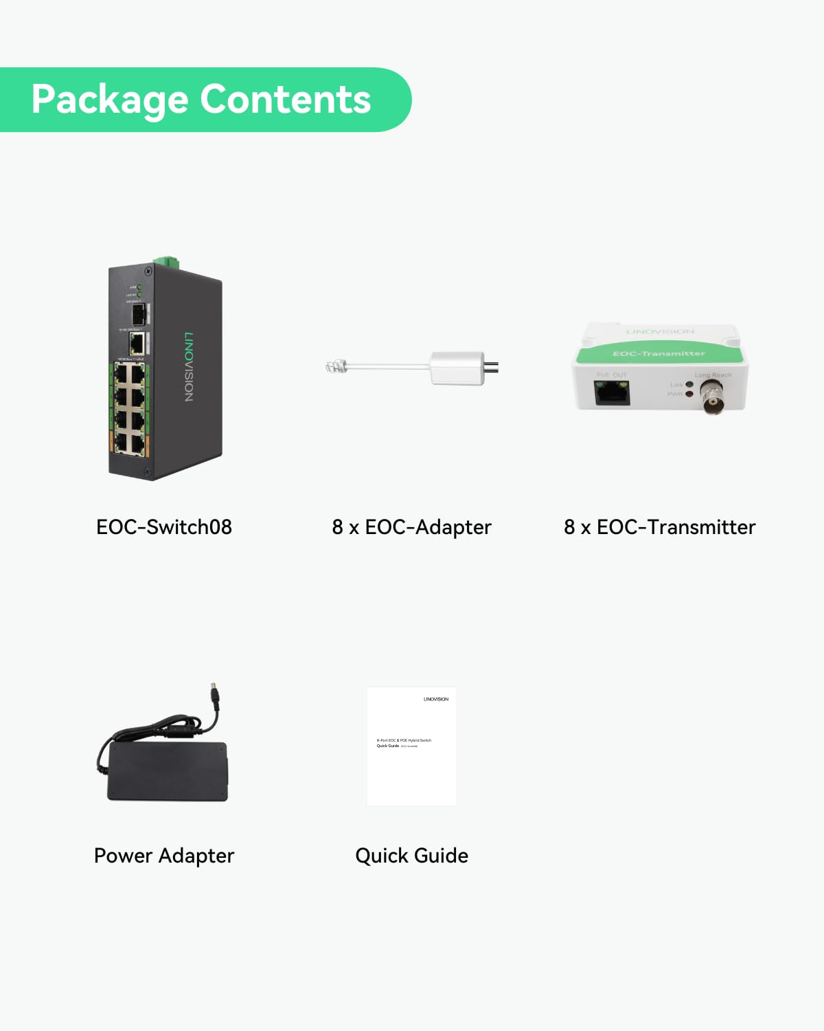 LINOVISION Conmutador Industrial EOC y PoE de 8 Puertos con 8 transmisores EOC, PoE de Largo Alcance sobre Cable coaxial o UTP, actualización de Sistema analógico a Sistema de vigilancia IP