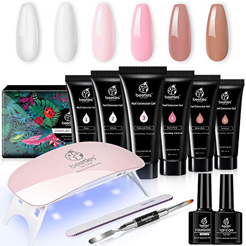 Beetles Poly Nail Gel Kit, Nail Extension Builder Gel Nail Enhancement Trial Kit Professional Nail Technician All-in-One French Kit Gift Set with Mini UV / LED Lamp for Nail Art Starter Kit