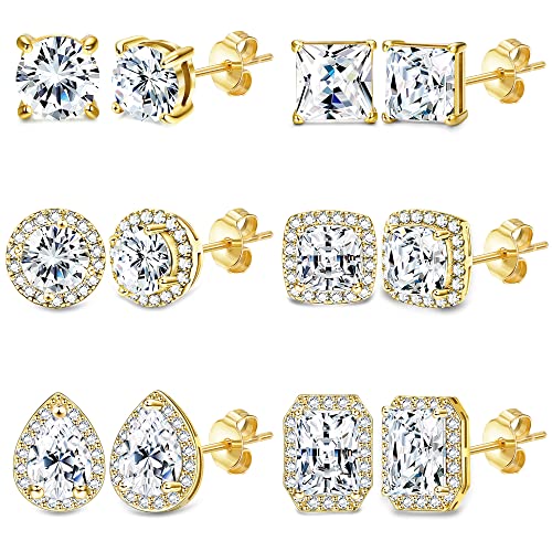 Sailimue 6Pairs Stainless Steel Cubic Zirconia Stud Earrings For Women Men 18K White Gold Plated Brilliant Round Square Teardrop Simulated Diamond Halo Stud Earrings Cz Stud Earrings Set #TOP16