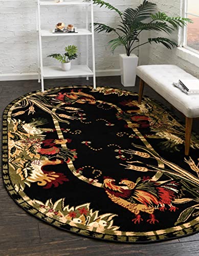 Image of Unique Loom Barnyard Collection Area Rug - Farm (4' 1 inch x 6' 1 inch Oval, Black / Cream)