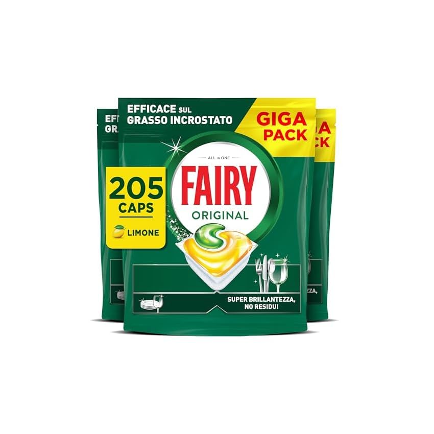 Fairy Original Pastiglie Lavastoviglie, 205 Capsule, Limone, Detersivo Con Azione Pulente Al Primo Lavaggio, Efficace Sul Grasso Incrostato Con Azione Brillante