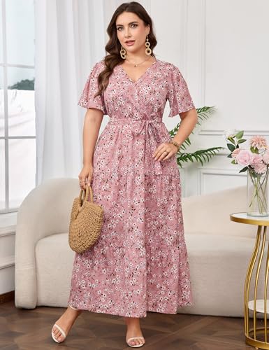 Image of ShopWonder Womens Plus Size V Neck Wrap Maxi Dress High Waist Ruffle Summer Casual Dress with Belt