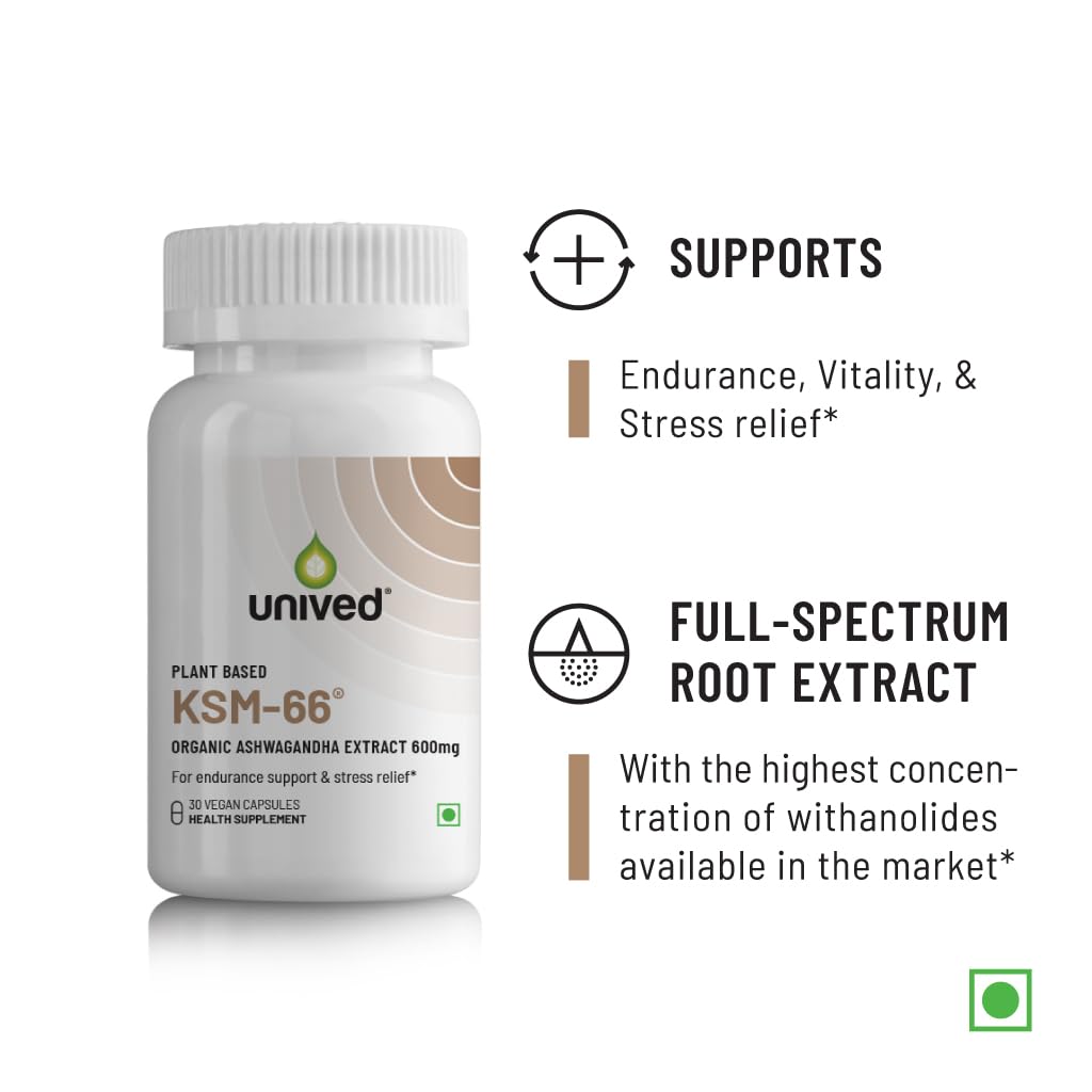 Unived KSM-66 Ashwagandha | 600mg Vegetarian Full Spectrum Route Extracts 5% Hasistized for Withanolides. For stress, anxiety, endurance, and strength (30 vegetarian caps) Unived KSM-66 Ashwagandha | 600mg Vegetarian Full Spectrum Route Extracts 5% Hasistized for Withanolides. For stress, anxiety, endurance, and strength (30 vegetarian caps)