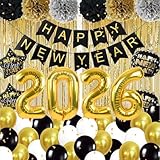 DUILE 2026 Happy New Year Decorations New Years eve Party Supplies 2026 Include Paper Flower New Year Banner Balloons Curtains Foil Star Balloons for Party
