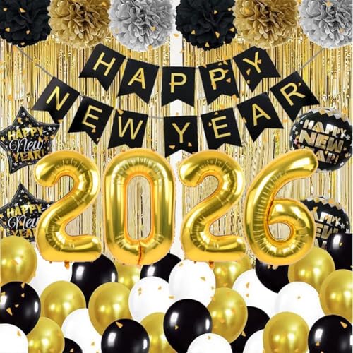 DUILE 2026 Happy New Year Decorations New Years eve Party Supplies 2026 Include Paper Flower New Year Banner Balloons Curtains Foil Star Balloons for Party