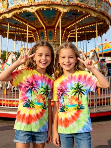 Image of SunFoucs Girls Kids Shirts Size 5-12 Tie Dye Casual Tshirt Short Sleeve Crewneck Tee Top | Short Sleeve Rainbow Tee Top