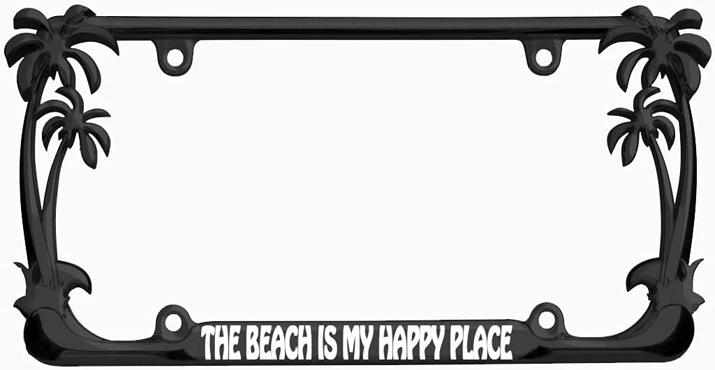 The Beach is My Happy Place Palm Tree Design Black Metal Auto License Plate Frame Car Tag Holder