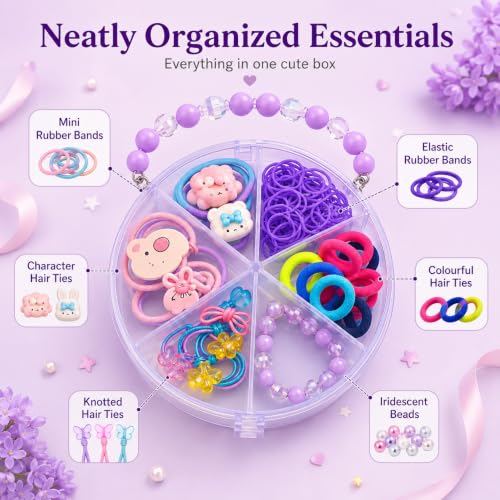 Image of Hair Accessories for Kids Girls | Purple Beaded Handle Box with Character Hair Ties, Rubber Bands & Beads | Hair Accessories for Baby Girl | Cute Hair Ties Set for Kids | Mixed Designs