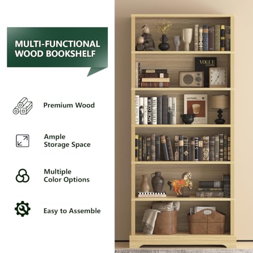 Image of TVU 6-Tier Wooden Bookshelf, 77.2 inch Tall Farmhouse Style Open Bookcase, 31.5 inch W Standing Book Shelf with Storage, Suitable for Study, Living Room, Office, Natural Wood Color