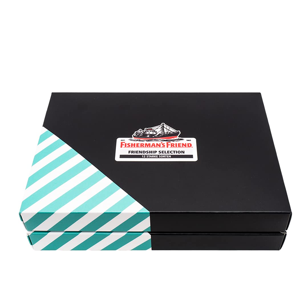 Fisherman's Friend Friendship Selection, Exklusive Geschenk-Box mit 12 Sorten, Probier-Set mit gratis Sammel-Dose, Bonbons für frischen Atem, 12 x 25g