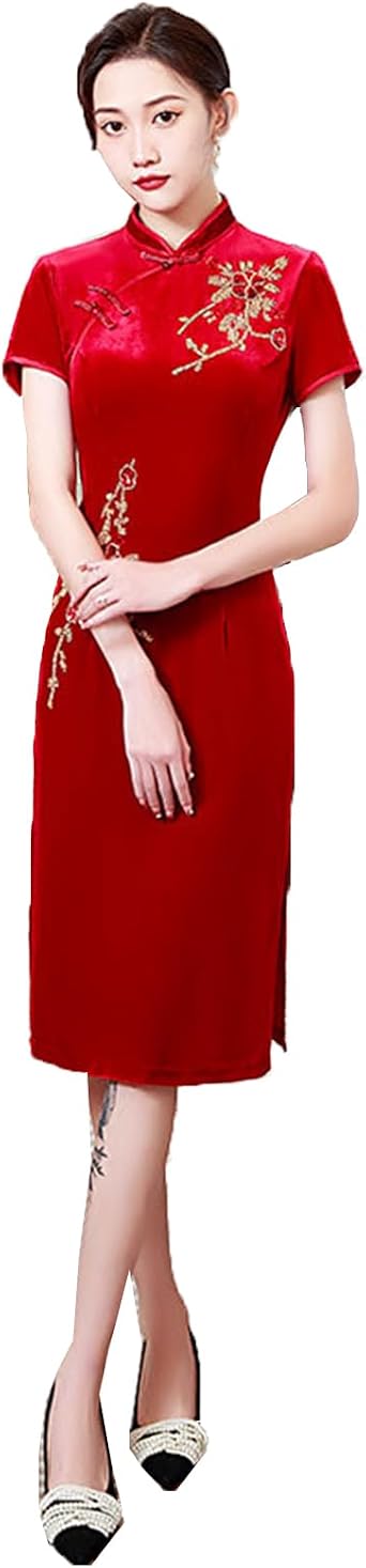 Womens Chinese Velvet Qipao Dress Vintage Sequined Prom Cheongsam