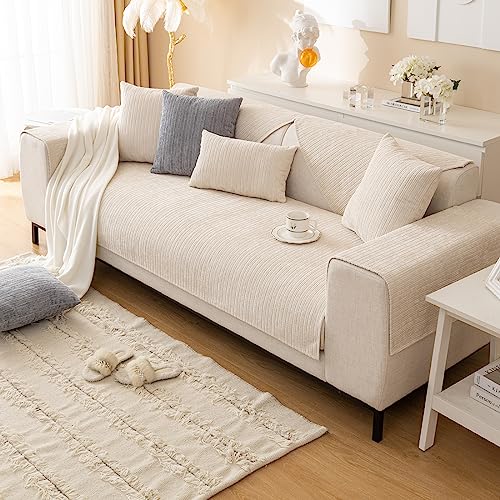 Vctops Soft Chenille Sofa Couch Cover Solid Color Striped Weave Textured Sectional Couch Covers Washable Anti-Slip Sofa Slipcover For Dogs Pet, 1 Piece/Not All Set (Cream,27"X27") #TOP2