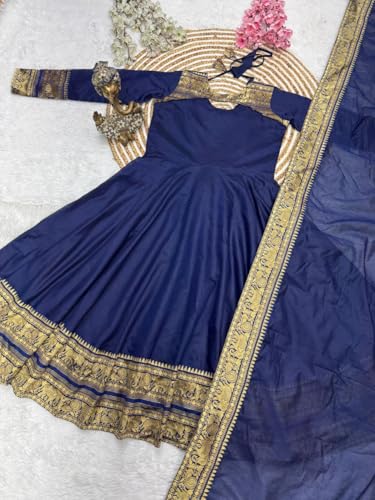 Image of Blueberry Maxi Dress for Women in Silk Cotton Fabric - Jacquard Weaving with Jari, Full Flared Design & Unique Butterfly Back Pattern