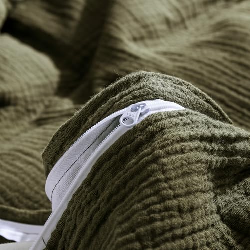 Image of VM VOUGEMARKET 100% Cotton Muslin Duvet Cover King Size 3-Layer Guaze Textured Bedding Set,Ultra Soft Breathable Textured Linen Like Comforter Cover with Zipper&Ties-Olive Green