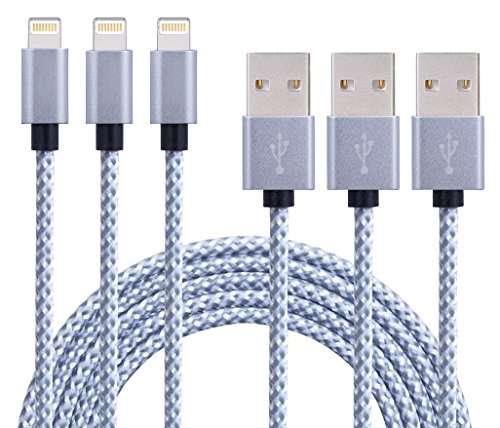 Akaho iPhone Cable, 10' Extra Long Nylon Braided Cord Lightning Cable Certified to USB Charging Charger for iPhone 7/7 Plus/6S/6 Plus/6S Plus/5S/5C/SE/iPad Air/Mini/iPod Nano 7 - Grey/White - 3 Piece