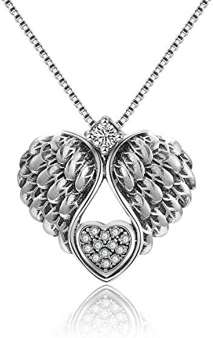 925 Sterling Silver Heart Necklaces for Women,Zirconia Guardian Angel Wing Pendant Necklace Chain Jewellery Gifts For Women Girls Mum Daughter