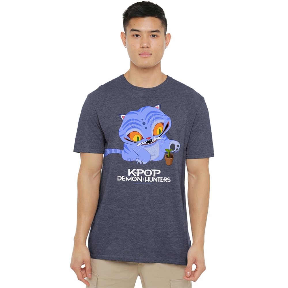 K-Pop Demon Hunters - Cute Derpy Tiger Cartoon Unisex T Shirt, Heather Navy, Small