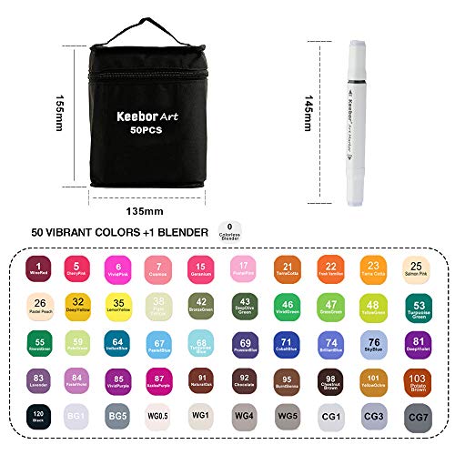 Keebor Premium 50+1 Colors Dual Tip Alcohol Art Markers, Plus 1 Blender Marker with Thick Packing, General Markers for Fine Arts Academy
