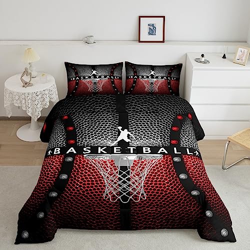Image of Feelyou Basketball Comforter Set - Toddler Size, Black with Red Comforter, Gaming Bedding Set for Kids Boys Girls Sports Game Duvet Set Quilt