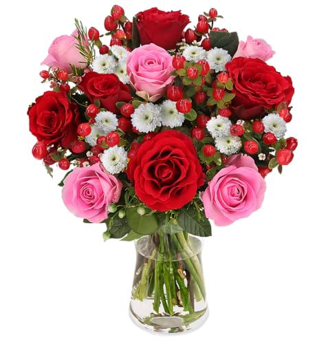 Blumenstrauß "Liebeszauber", Rosaroter Rosenstrauß, Rosen, Waxflowers und Johanniskraut, 7-Tage-Frischegarantie, Qualität vom Floristen, handgebunden, perfekte Geschenkidee
