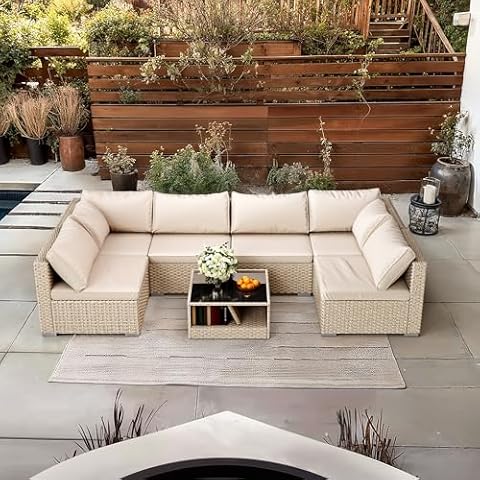 7-Piece Wicker Patio Furniture Set, Outdoor Conversation Set Sectional Sofa with Water Resistant Thick Cushions and Coffee Table, Beige Cover