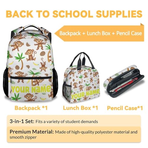Customized Monkey Backpack with Lunch Box - Set of 3 Personalized School Backpacks Matching Combo - Cartoon White Bookbag and Pencil Case Bundle3