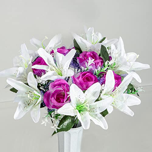 Xonor Artificial Cemetery Flowers With Vase, Set Of 2 Artificial Rose Lily Bouquet Grave Memorial Flowers For Cemetery Gravegard Headstones Decoration (Purple, Self-Assemble) #TOP2