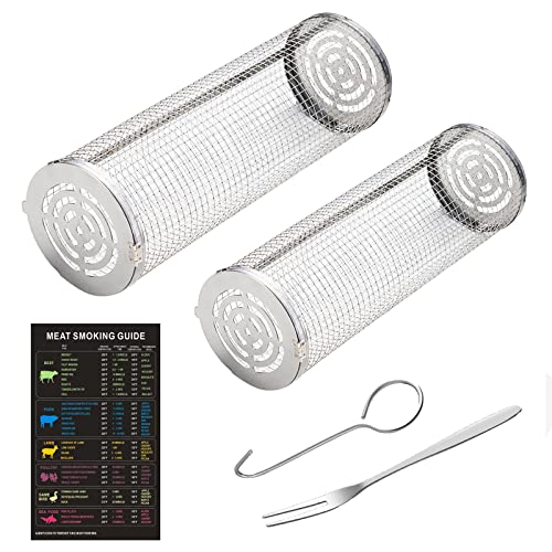 2 cestini per barbecue rotondi in acciaio inox, portatili, da campeggio, con forchetta, supporto rotondo per verdure, patatine fritte, pesce, carne