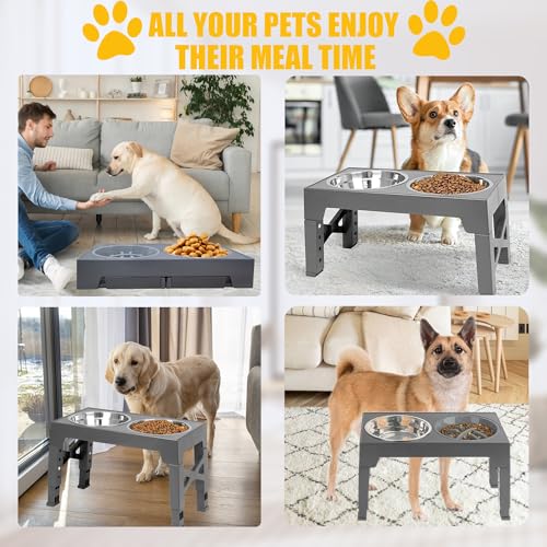 TUAHOO Erhöhter Hundenapf für kleine, mittelgroße und große Hunde, 5 höhenverstellbarer Ständer, Haustier-Futterstation mit 2 Edelstahlnäpfen & 1 Slow Feeder Bowl, Hundefutterstation